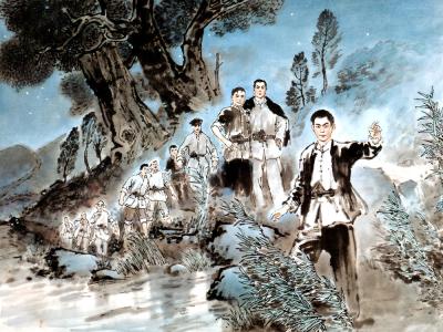 日軍進攻香港後的第二天,1941年12日9日黃昏,羅汝澄引領林沖領導的武工隊挺進香港，次日凌晨一時左右到達沙頭角南涌羅屋，開展敵後游擊戰。(陳挺通畫作)